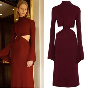 SID NEIGUM Burgundy Turtleneck Mock Classic Twist Cut Out Bell Sleeve Midi Dress